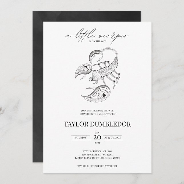 Scorpio Zodiac Star Sign Astrology Baby Dusche Einladung (Vorne/Hinten)