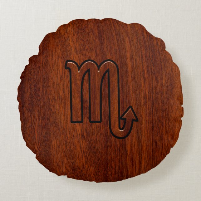 Scorpio Zodiac-Symbol im Mahogany-Stil Rundes Kissen (Vorderseite)