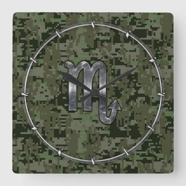 Scorpio Zodiac Symbol Woodland Digitale Camouflage Quadratische Wanduhr (Vorderseite)