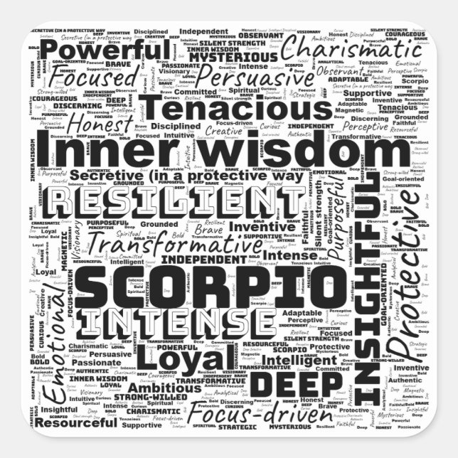 Scorpio Zodiac Word Cloud Inspiration Quadratischer Aufkleber (Vorderseite)