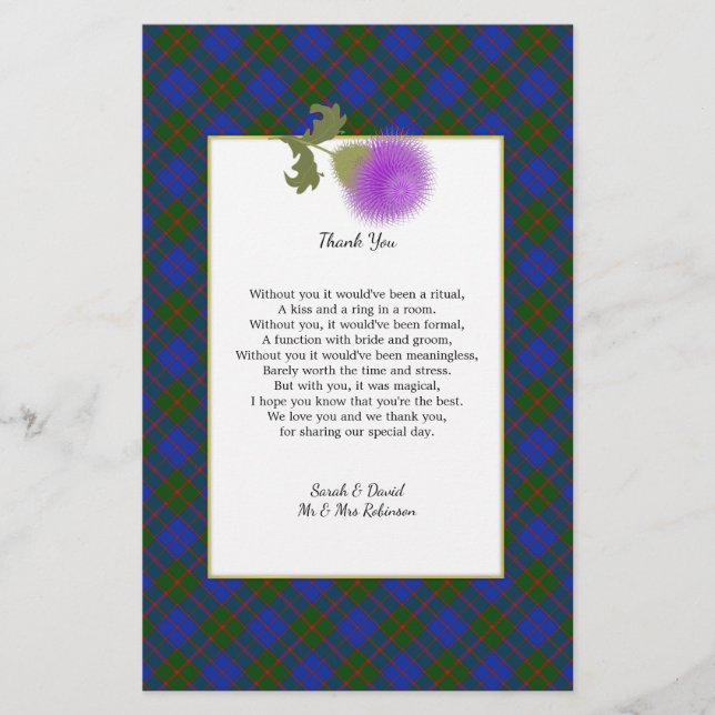 Scotch Clan Tartan Wedding Gedicht Danke Scroll Flyer (Vorne)