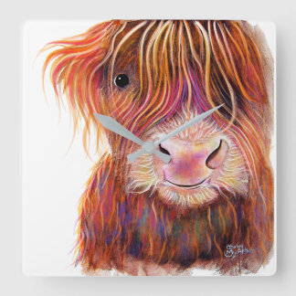 SCoTiSH HigHLaND CoW ' THe KiD 2 ' von SHiRLeY Mac Quadratische Wanduhr