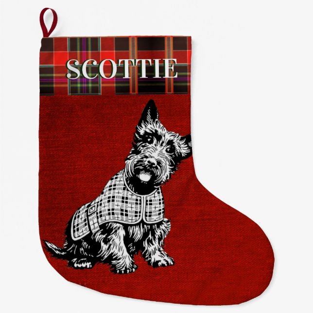 SCOTISH TERRIER HUND, SCOTTIE-HUND + TARTAN GROßER WEIHNACHTSSTRUMPF (Vorderseite)