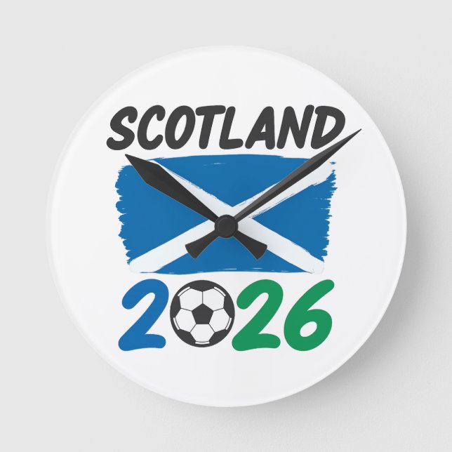 Scotland 2026 Soccer Fan Design / Saltire and Foot Runde Wanduhr (Vorderseite)