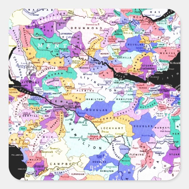 Scotland Map Scottish Clans Foto Quadratischer Aufkleber (Vorderseite)