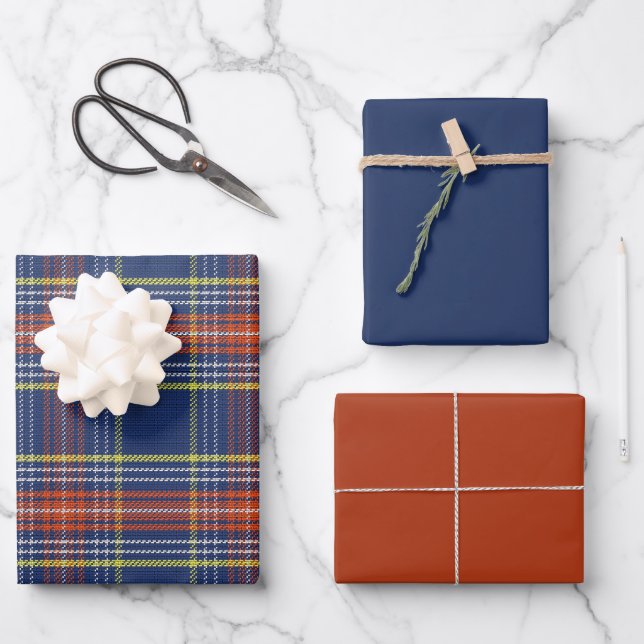 Scott Blue Burnt Orange Scottish Tartan Christmas Geschenkpapier Set (Vorderseite)