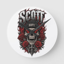 Scott Gothic Schädel personalisiertes Namensdesign Runde Wanduhr