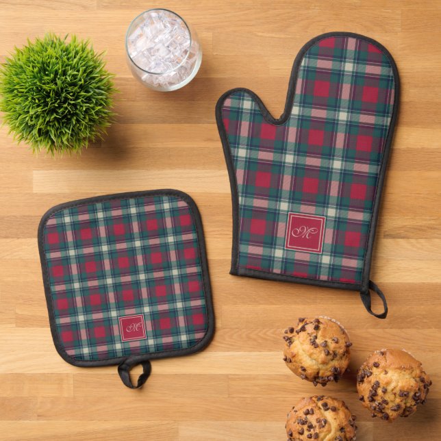 Scott Red Green Modern Scottish Tartan Mit Monogra Ofenhandschuh & Topflappen-Set (Oben Unten)
