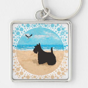 Scottie am Strand mit Möwe Schlüsselanhänger