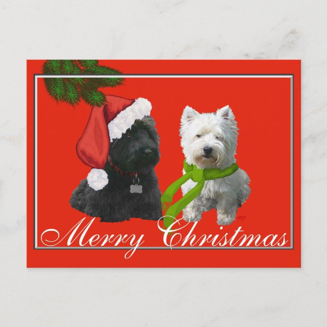 Scottie and Westie Merry Christmas Feiertagspostkarte (Vorderseite)