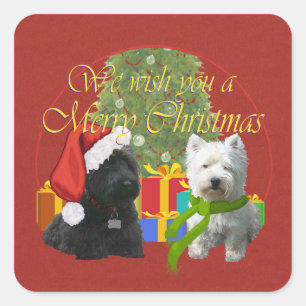 Scottie and Westie Merry Christmas Quadratischer Aufkleber