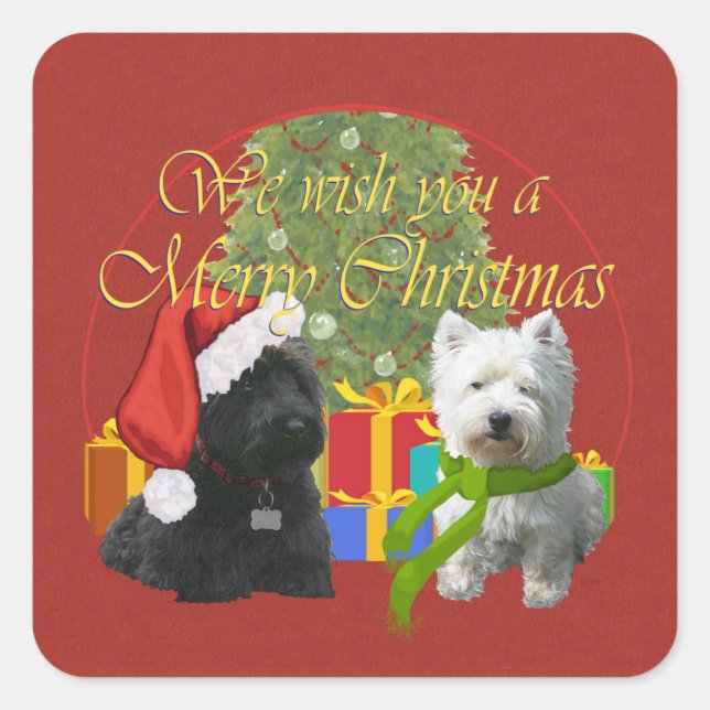 Scottie and Westie Merry Christmas Quadratischer Aufkleber (Vorderseite)