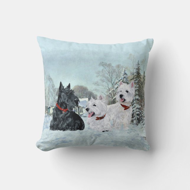 Scottie and Westies - Terrier Winter Pillow Kissen (Vorderseite)