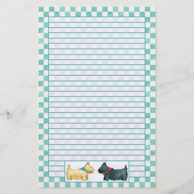 Scottie Dog Aquamarin Green Watercolor Karos Lined Briefpapier (Vorderseite)