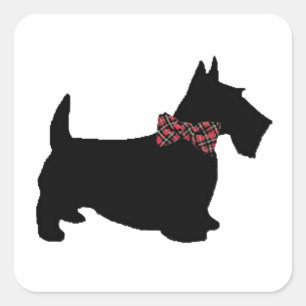 Scottie Dog in Karierter Bow-Krawatte Quadratischer Aufkleber