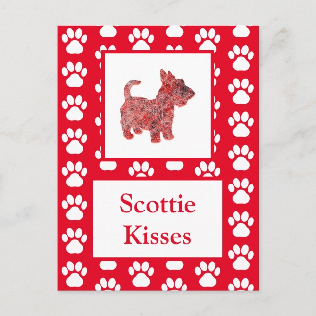 Scottie Dog Kisses Silhouette in Niedlich Red Grid Postkarte (Vorderseite)