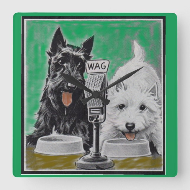 Scottie dogs Blackie and Whitie im Radio Quadratische Wanduhr (Vorderseite)