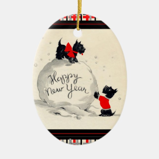 Scottie dogs Hund Happy New Year Keramikornament (Vorne)