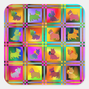 Scottie Dogs Silhouetten im farbenfrohen Grid Patt Quadratischer Aufkleber
