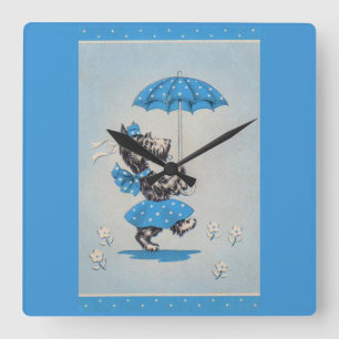 Scottie-Hund-Dame mit Regenschirm Quadratische Wanduhr