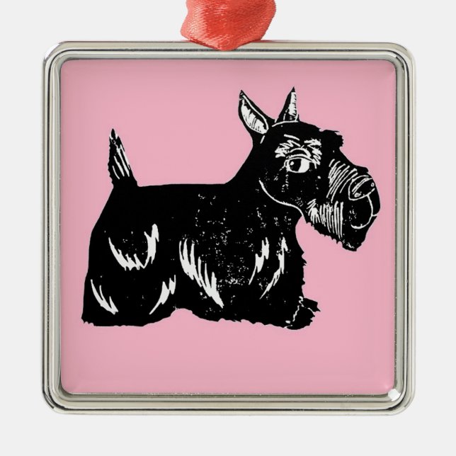 Scottie-Hund mit rosa erstklassiger quadratischer Ornament Aus Metall (Vorne)