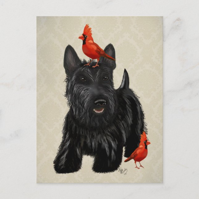 Scottie-Hund und rote Vögel Postkarte (Vorderseite)