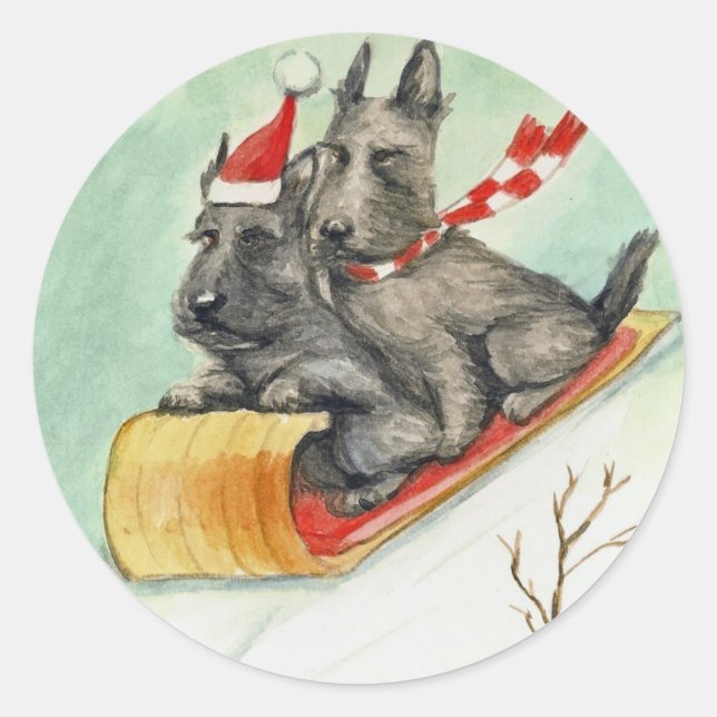 "Scottie Sleigh Ride" Dog Art Stickers (Vorderseite)