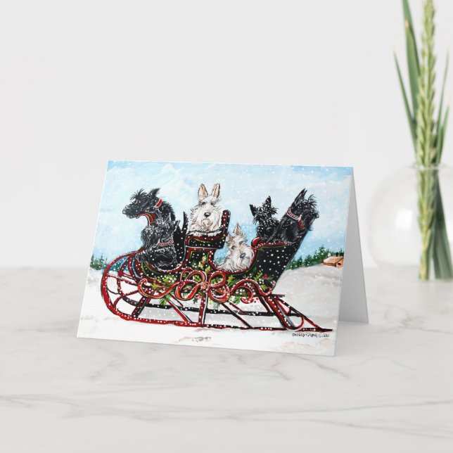 Scottie Sleigh Ride Feiertagskarte (Vorderseite)