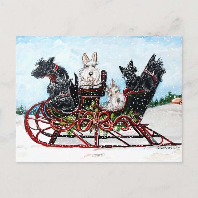 Scottie Sleigh Ride Feiertagspostkarte (Vorderseite)