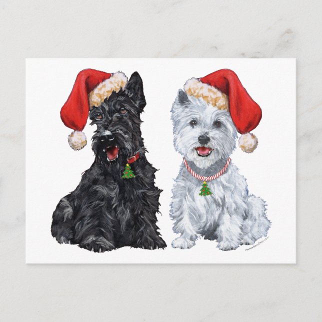 Scottie und Westie Caroling Postkarte (Vorderseite)