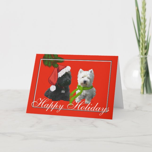 Scottie und Westie Happy Holidays Feiertagskarte (Vorderseite)