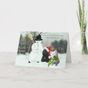 Scottie und Westie mit Schneemann Feiertagskarte