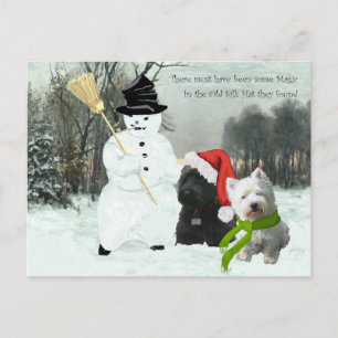 Scottie und Westie mit Schneemann Feiertagspostkarte