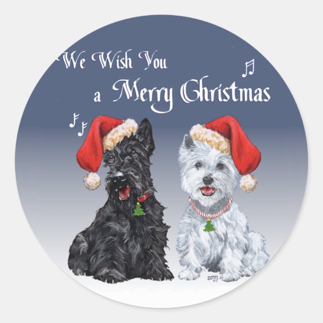 Scottie & Westie Christmas Carols Runder Aufkleber (Vorderseite)
