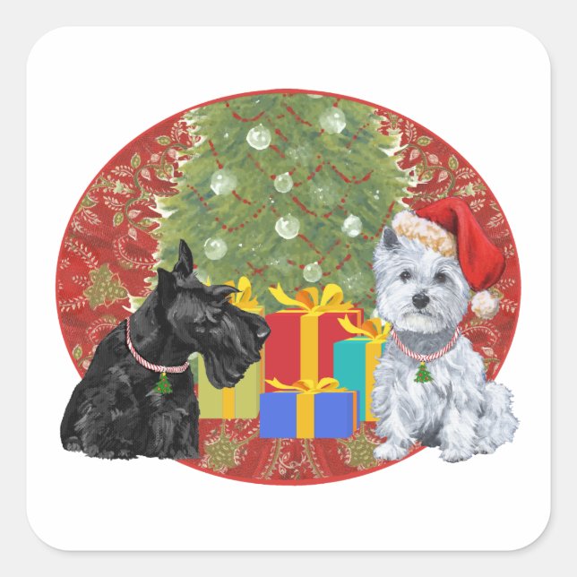 Scottie & Westie Christmas Quadratischer Aufkleber (Vorderseite)