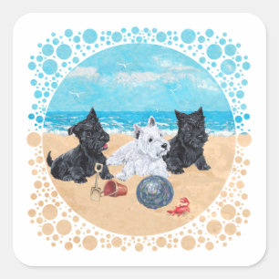 Scottie & Westie Pups am Strand Quadratischer Aufkleber