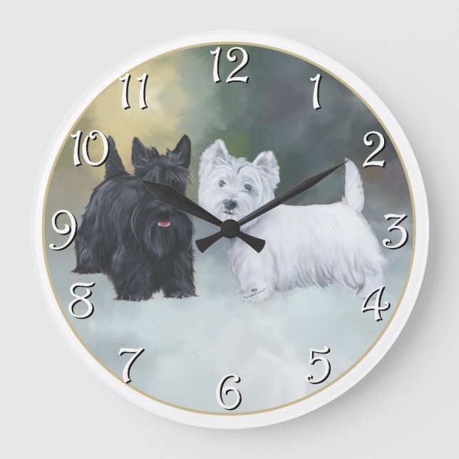 Scottie Westie Wintertime Große Wanduhr (Vorderseite)