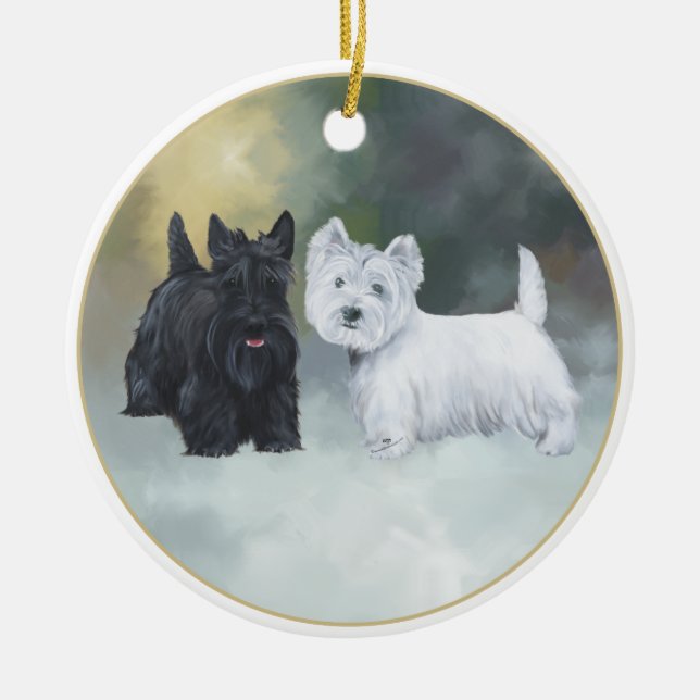 Scottie Westie Wintertime Keramikornament (Vorne)