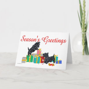 Scotties sortieren die Weihnachtsgeschenke Feiertagskarte