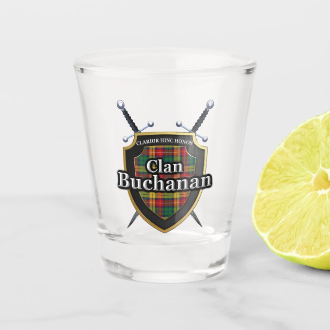 Scottish Cheers Clan Buchanan Tartan Shield Schnapsglas (Vorderseite)