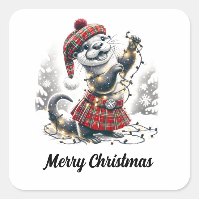 Scottish Christmas Otter Christmas Quadratischer Aufkleber (Vorderseite)