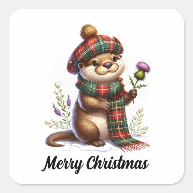 Scottish Christmas Otter Christmas Quadratischer Aufkleber (Vorderseite)