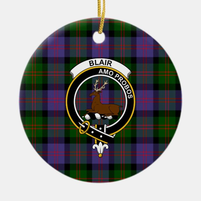 Scottish Clan Blair Modern Tartan und Wappen Keramik Ornament (Vorne)