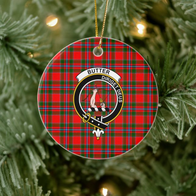 Scottish Clan Butter Karo Tartan und Wappen Keramik Ornament (Baum)