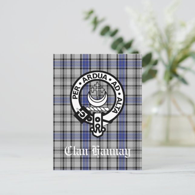 Scottish Clan Hannay Wappen Abzeichen und Tartan C Postkarte (Stehend Vorderseite)