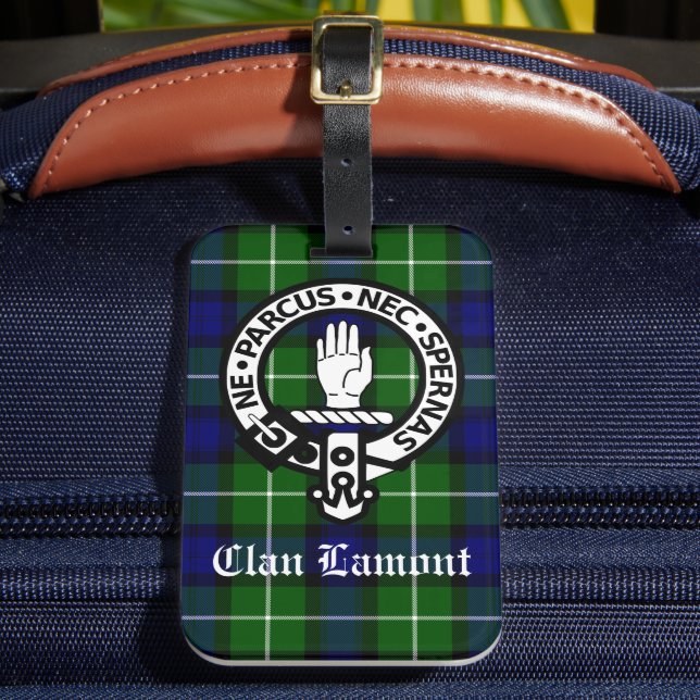 Scottish Clan Lamont Wappen Abzeichen und Tartan Gepäckanhänger (Vorderseite Insitu 2)