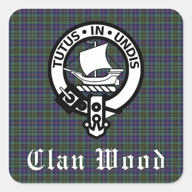 Scottish Clan Wood Wappen & Tartan Quadratischer Aufkleber (Vorderseite)