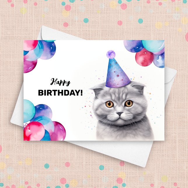 Scottish Fold Cat Balloons and Party Hat Birthday Karte (Von Creator hochgeladen)