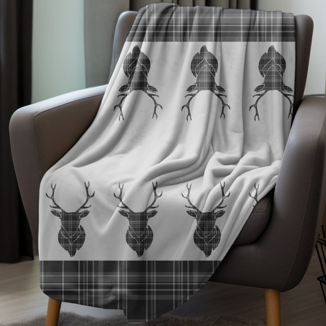 Scottish Gray Tartan Rustic Stag Head Antler Fleecedecke (Scottish Grey Tartan Rustic Antler Stag Head Fleece Blanket from Ricaso. Cosy gift idea. )