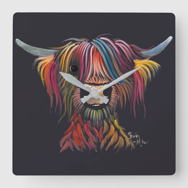 Scottish Hairy Highland Cow ' OLIVER ' Wall Clock Quadratische Wanduhr (Vorderseite)